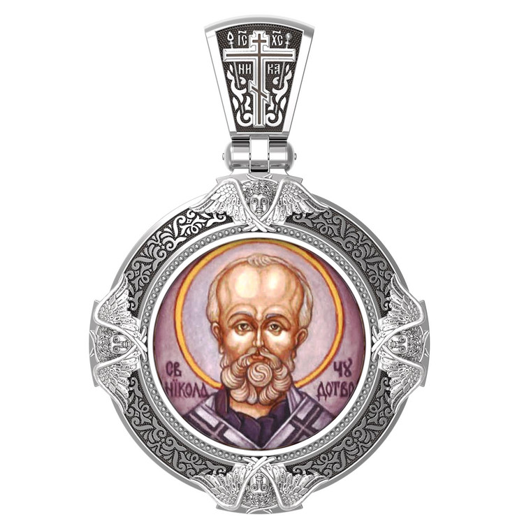 Образок из белого золота c эмаль , иконописью и темперой