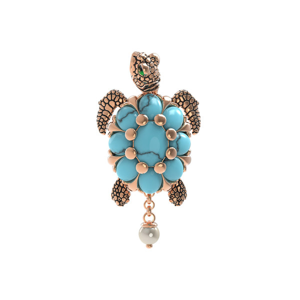 Подвеска из золота c эмаль , жемчугом и бирюзой