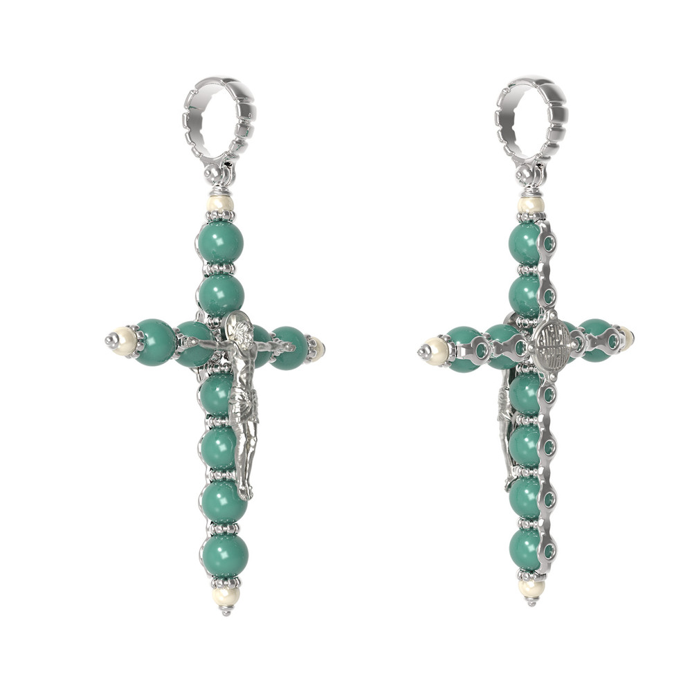 Крест из белого золота c жемчугом и бирюзой