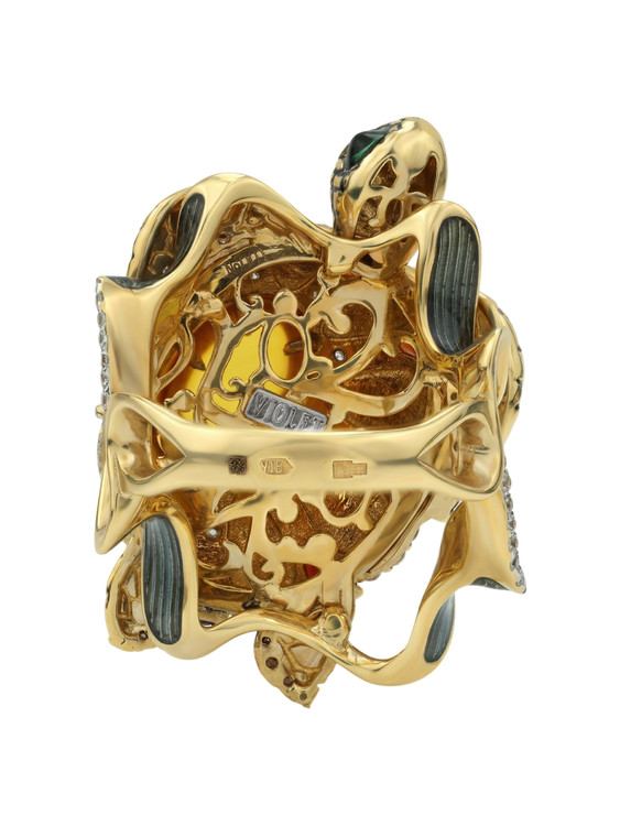 Кольцо из лимонного золота c эмаль , фианитом, гранатом и янтарём