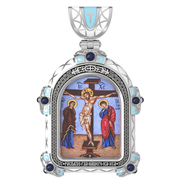 Образок из белого золота c эмаль , иконописью и темперой