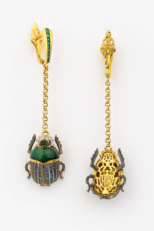 Серьги из лимонного золота c эмаль , фианитом, турмалином и сапфиром