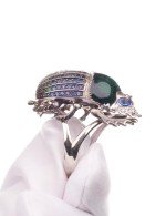Кольцо из белого золота 585 пробы c эмалью, фианитом и сапфиром