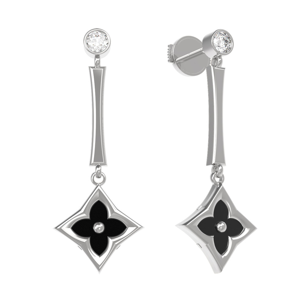 Серьги из белого золота c фианитом и ониксом