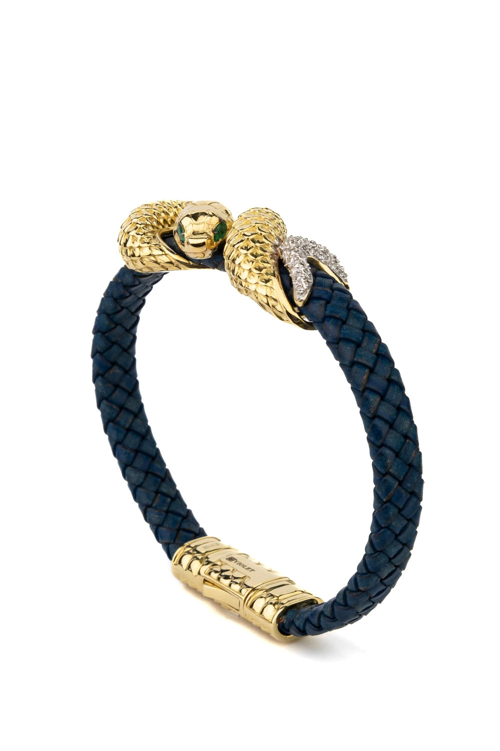 Браслет из лимонного золота c бриллиантами, изумрудом и кожаным шнурком