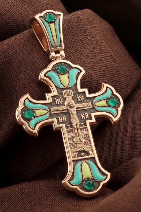 Крест из золота c эмаль и хризопразом