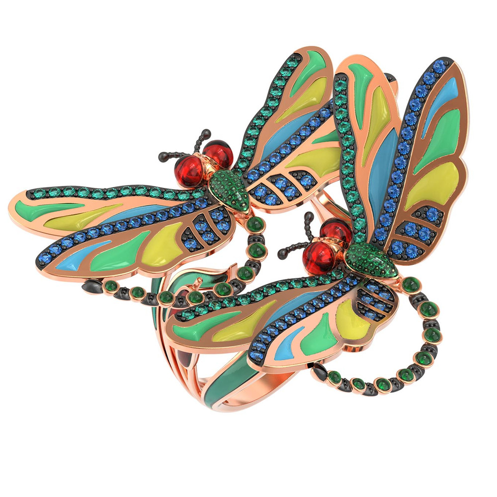 Кольцо из золота c сапфиром, изумрудом и эмалью