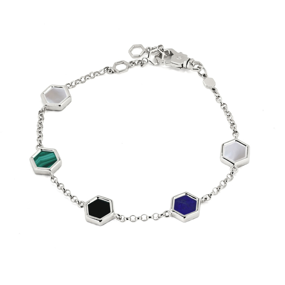 Браслет из белого золота c ониксом, лазуритом, малахитом и перламутром