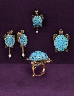 Серьги из золота 585 пробы c эмалью, жемчугом и бирюзой