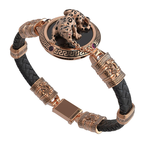 Браслет из золота c эмаль , шнурком, ониксом и рубином