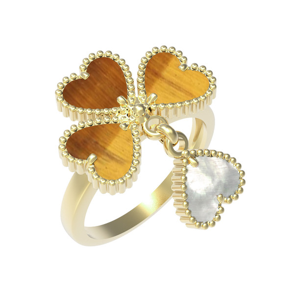 Кольцо из лимонного золота c тигровым глазом и перламутром