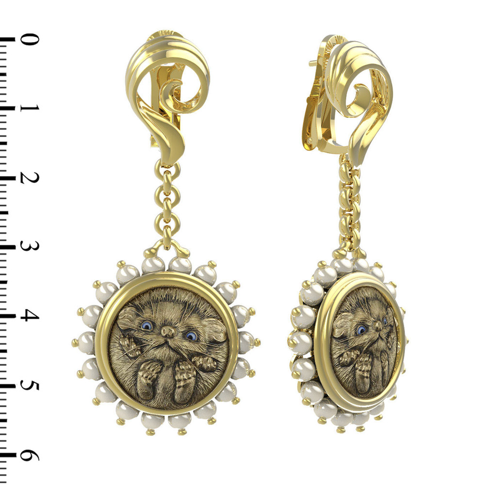 Серьги из лимонного золота c эмаль и жемчугом