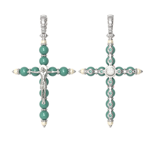 Крест из белого золота c жемчугом и бирюзой