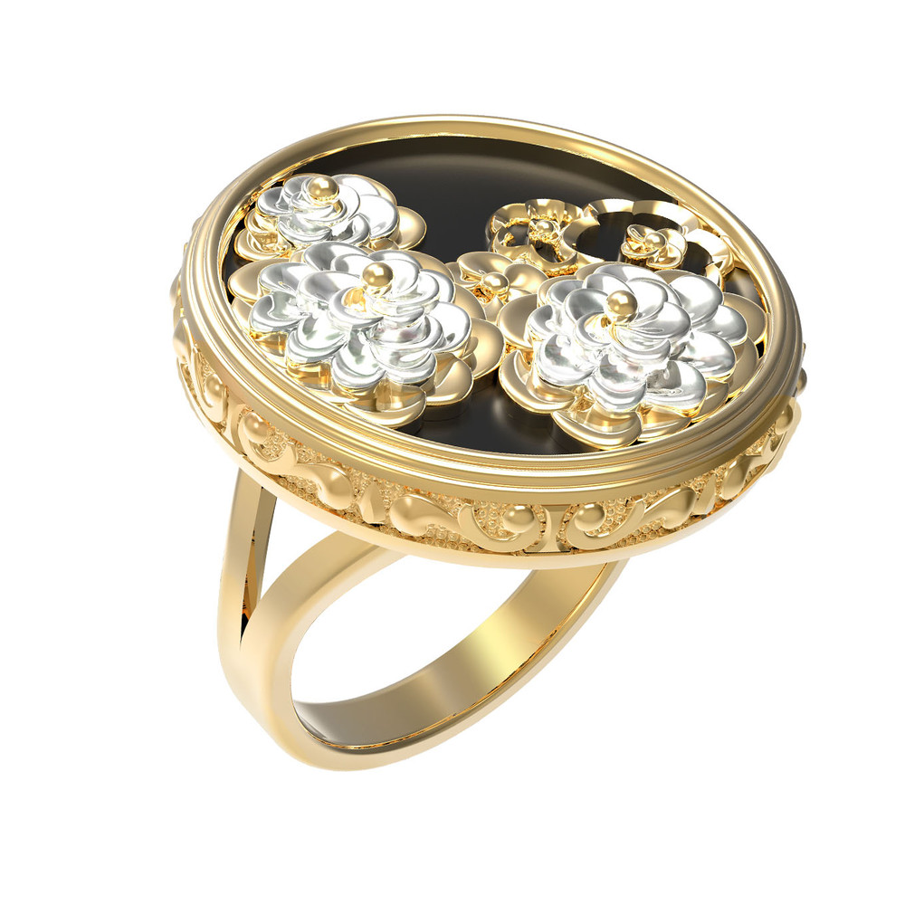 Кольцо из лимонного золота c ониксом и перламутром