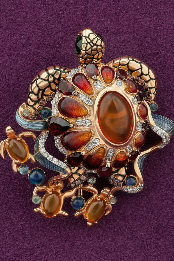 Брошь из золота c эмаль , фианитом, гранатом и янтарём