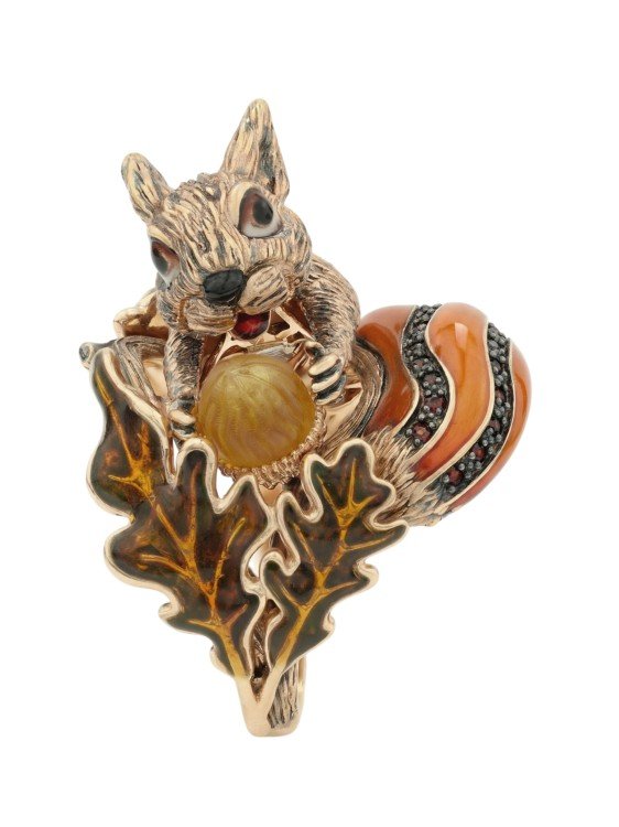 Кольцо из золота c эмаль , гранатом и янтарём