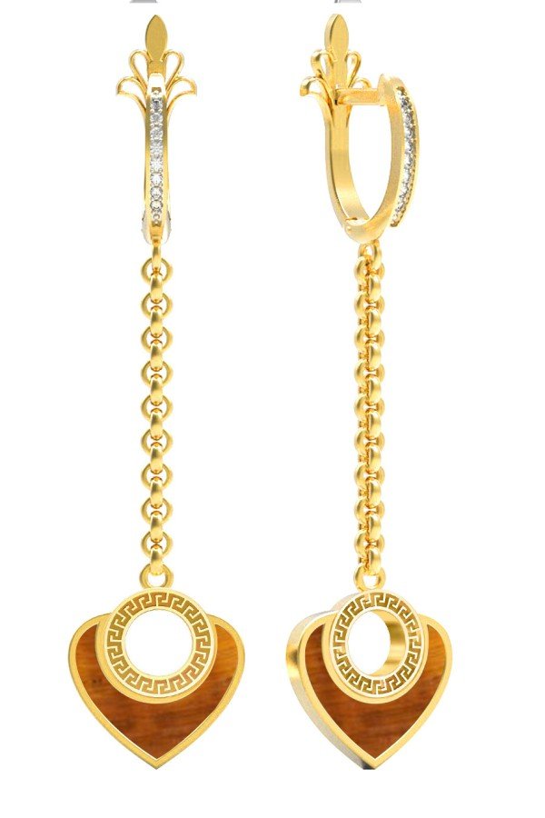 Серьги из лимонного золота c фианитом и тигровым глазом