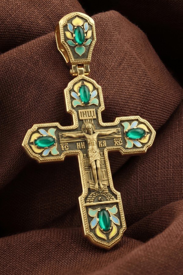 Крест из лимонного золота c эмаль и хризопразом