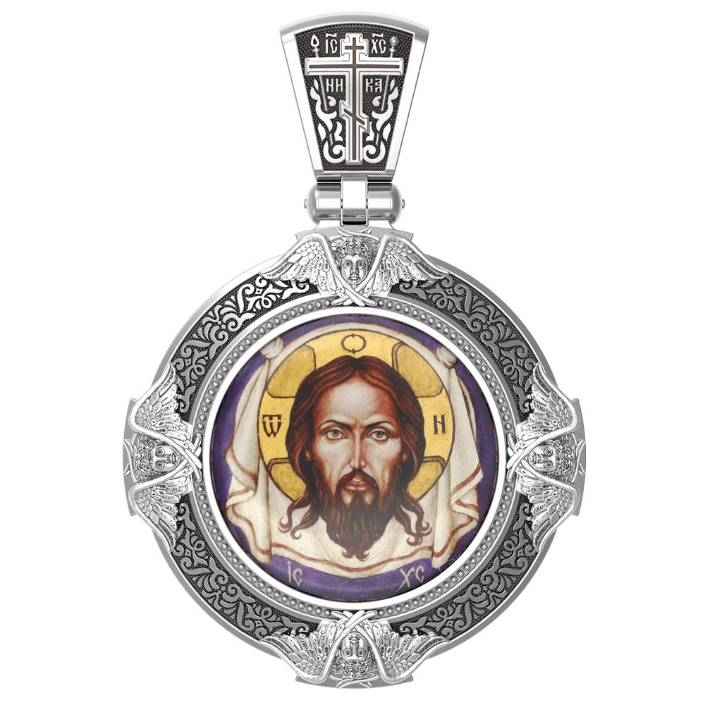 Образок из белого золота c эмаль , иконописью и темперой