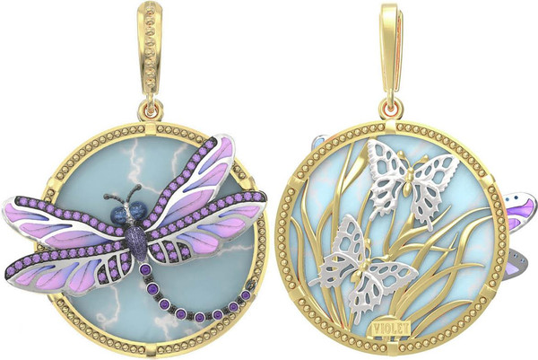 Подвеска из лимонного золота c бирюзой, аметистом и эмалью