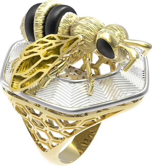 Кольцо из лимонного золота c эмаль , ониксом и эмалью