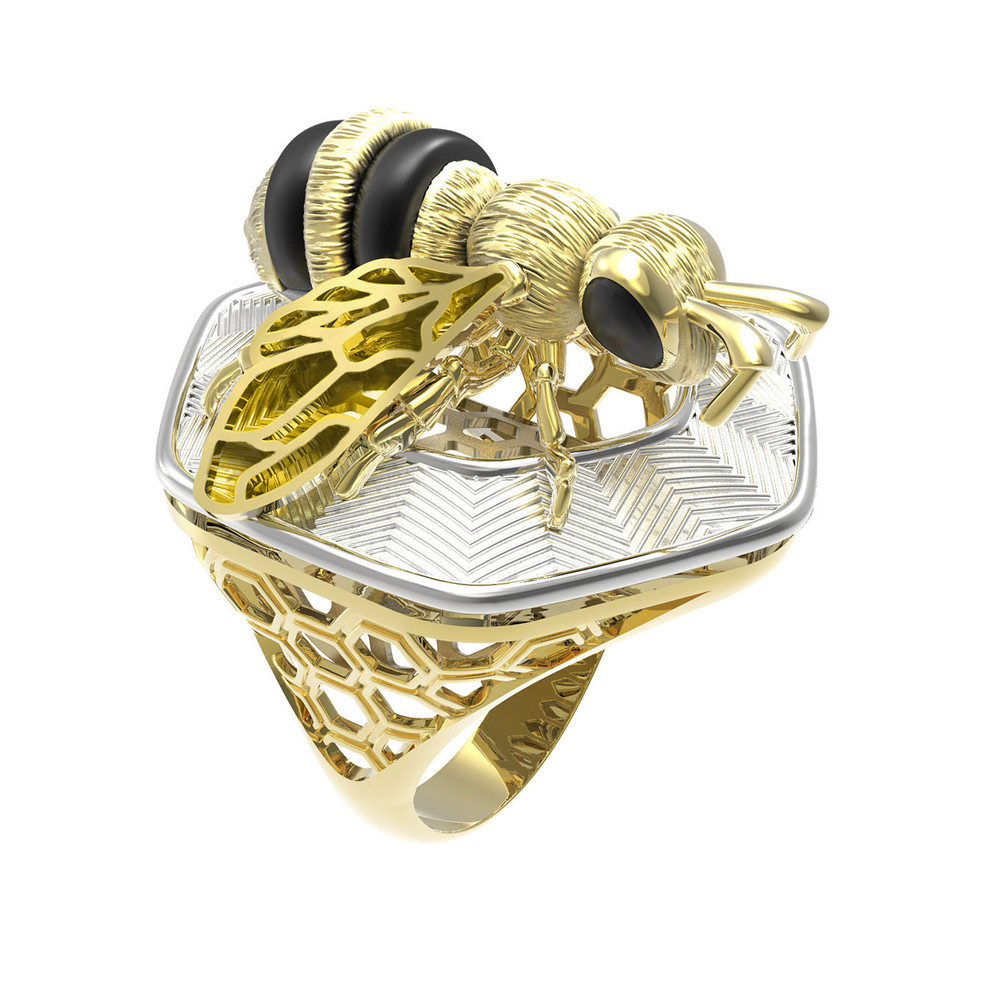 Кольцо из лимонного золота c эмаль , ониксом и эмалью