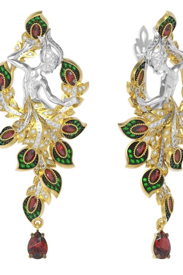 Серьги из лимонного золота 585 пробы c фианитом и гранатом