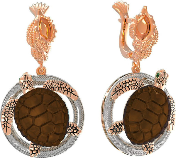 Серьги из золота c эмаль и железным деревом