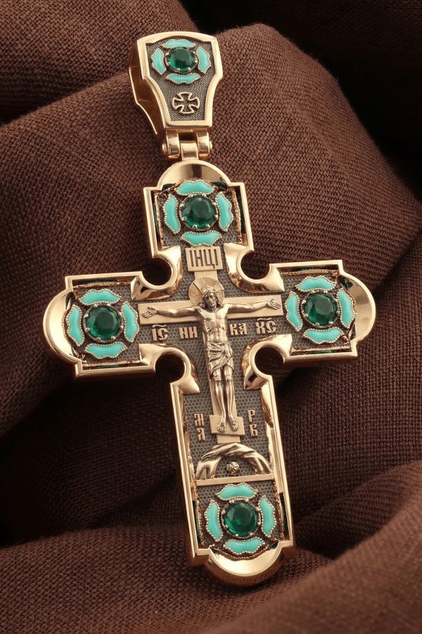 Крест из золота c эмаль и хризопразом