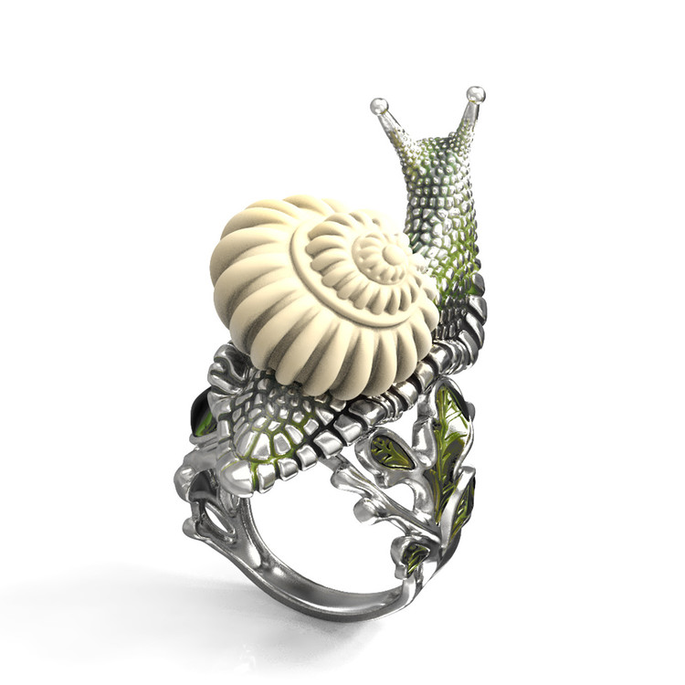 Кольцо из белого золота c эмаль и бивнем мамонта