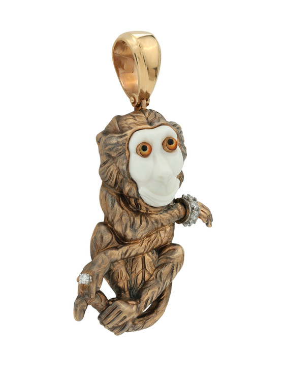 Подвеска из золота c эмаль , бриллиантами, рубином и бивнем мамонта