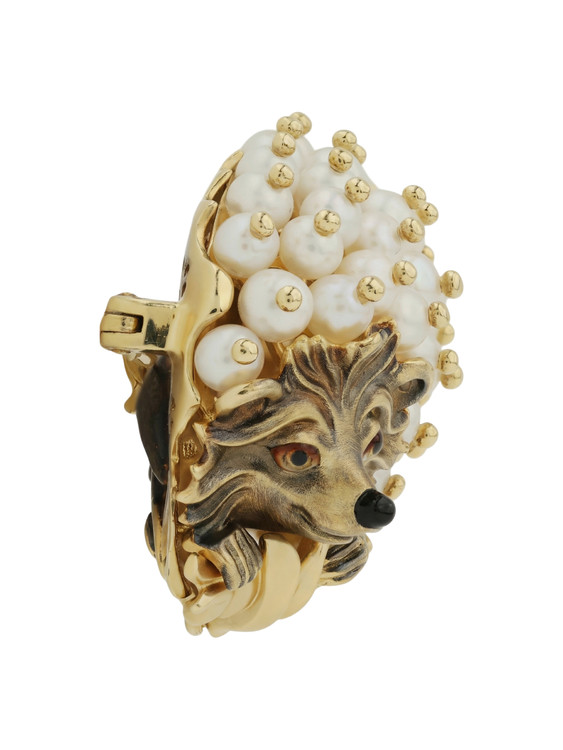 Брошь из лимонного золота c эмаль и жемчугом