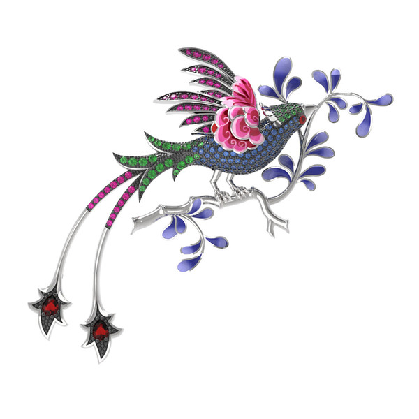 Брошь из белого золота c эмаль , фианитом и гранатом