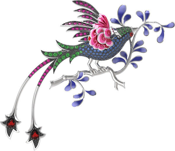 Брошь из белого золота c эмалью, фианитом и гранатом