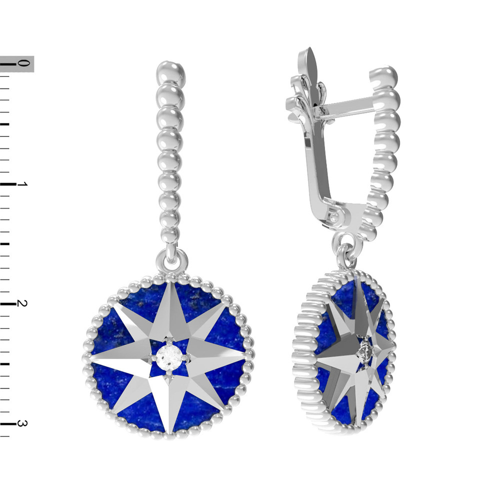 Серьги из белого золота c фианитом и лазуритом