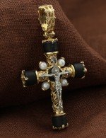 Крест из лимонного золота 585 пробы c жемчугом и ониксом