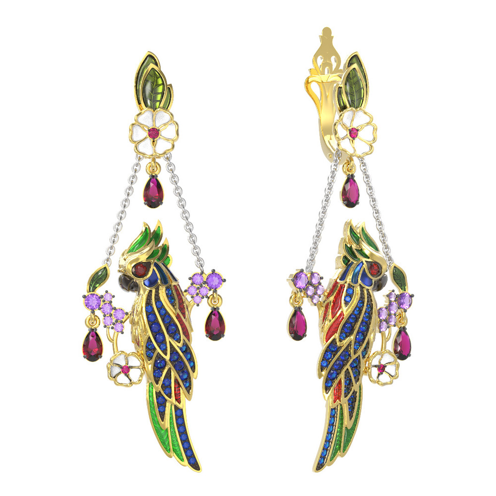 Серьги из лимонного золота c эмаль , гранатом, аметистом, рубином, аметистом и сапфиром