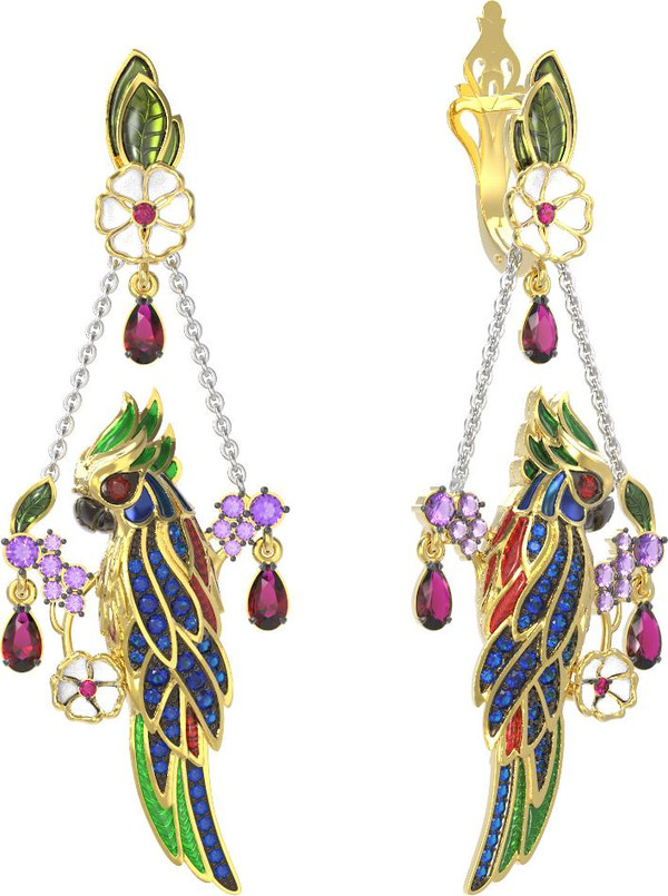 Серьги из лимонного золота c эмаль , гранатом, аметистом, рубином, аметистом и сапфиром