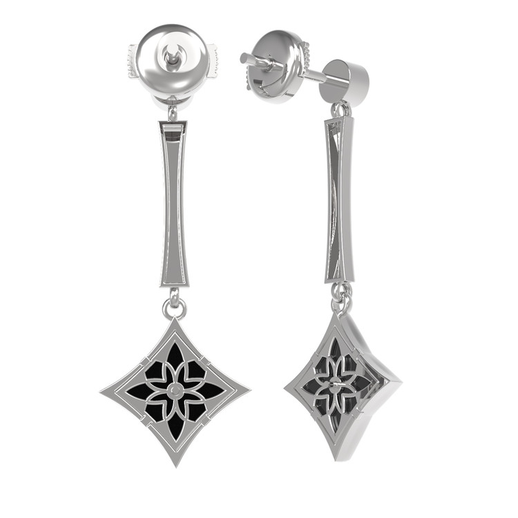 Серьги из белого золота c фианитом и ониксом