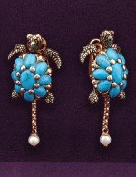 Серьги из золота 585 пробы c эмалью, жемчугом и бирюзой