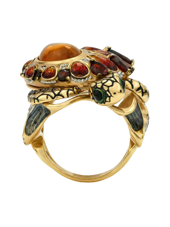 Кольцо из лимонного золота c эмаль , фианитом, гранатом и янтарём