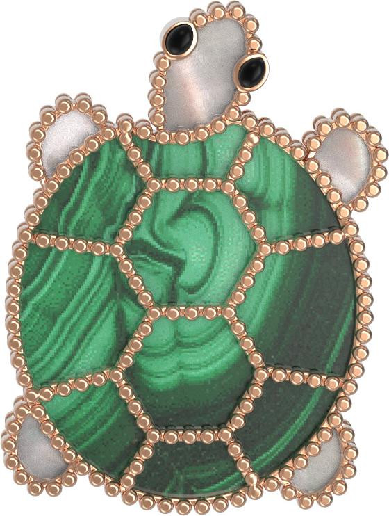 Брошь из золота c эмаль , малахитом и перламутром