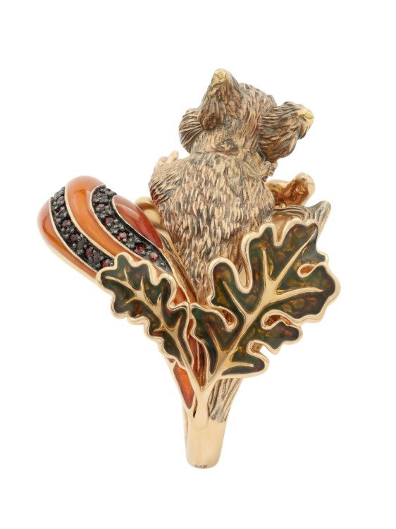 Кольцо из золота c эмаль , гранатом и янтарём