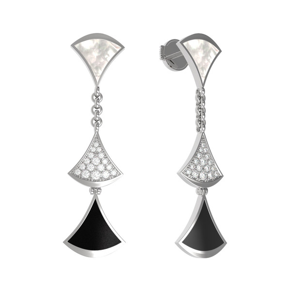 Серьги из белого золота c бриллиантами, ониксом и перламутром