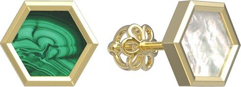 Серьги из лимонного золота 585 пробы c малахитом и перламутром