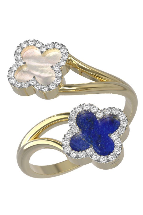 Кольцо из лимонного золота 585 пробы c бриллиантами, лазуритом и перламутром