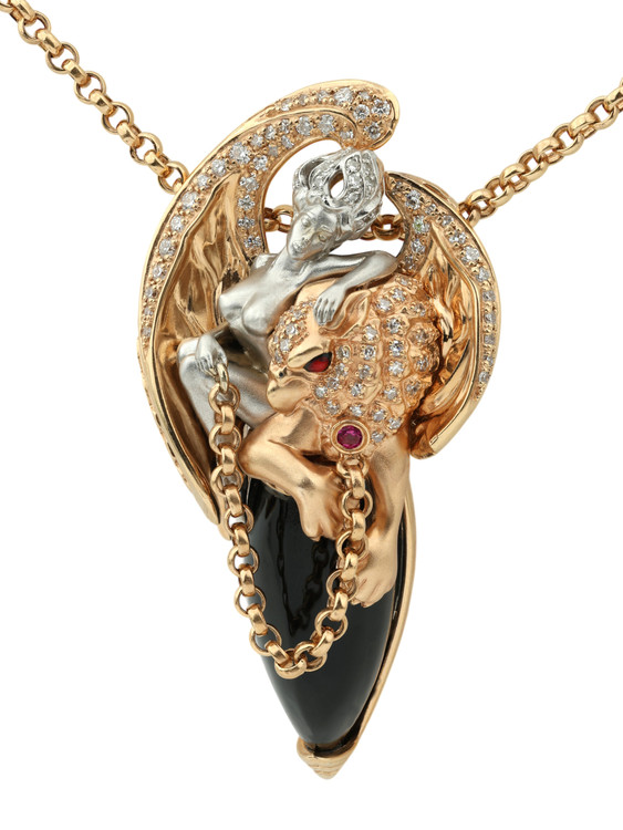 Колье из золота c эмаль , бриллиантами, рубином и ониксом