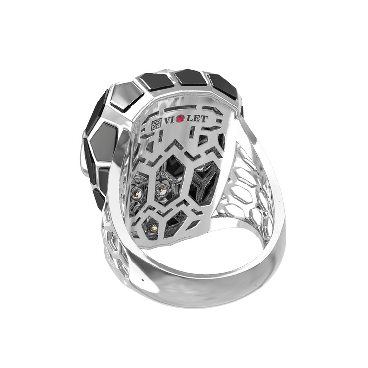 Кольцо из белого золота c бриллиантами, рубином, ониксом, малахитом и перламутром