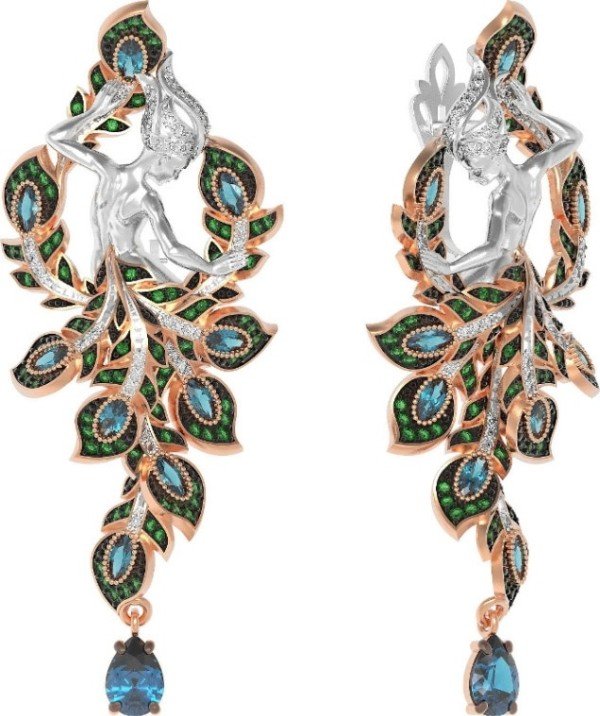 Серьги из золота c фианитом и топазом London Blue