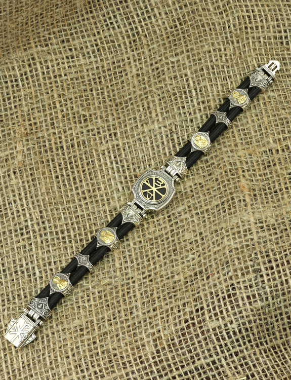 Браслет из серебра и золота c ониксом и шёлковым шнурком